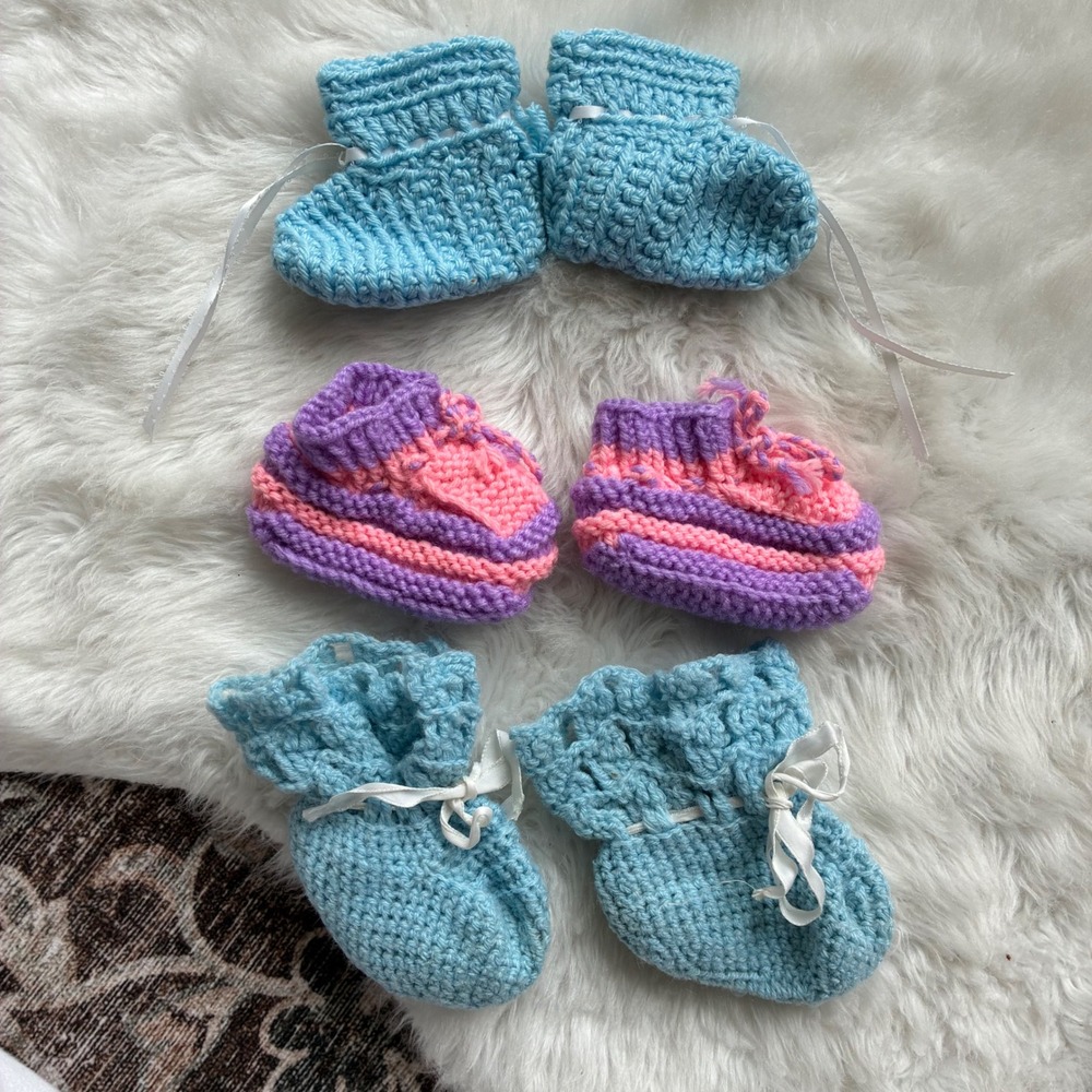 Vintage Handknit Baby Booties Bundle 3 Pairs Blue Pink Purple Crochet Slippers